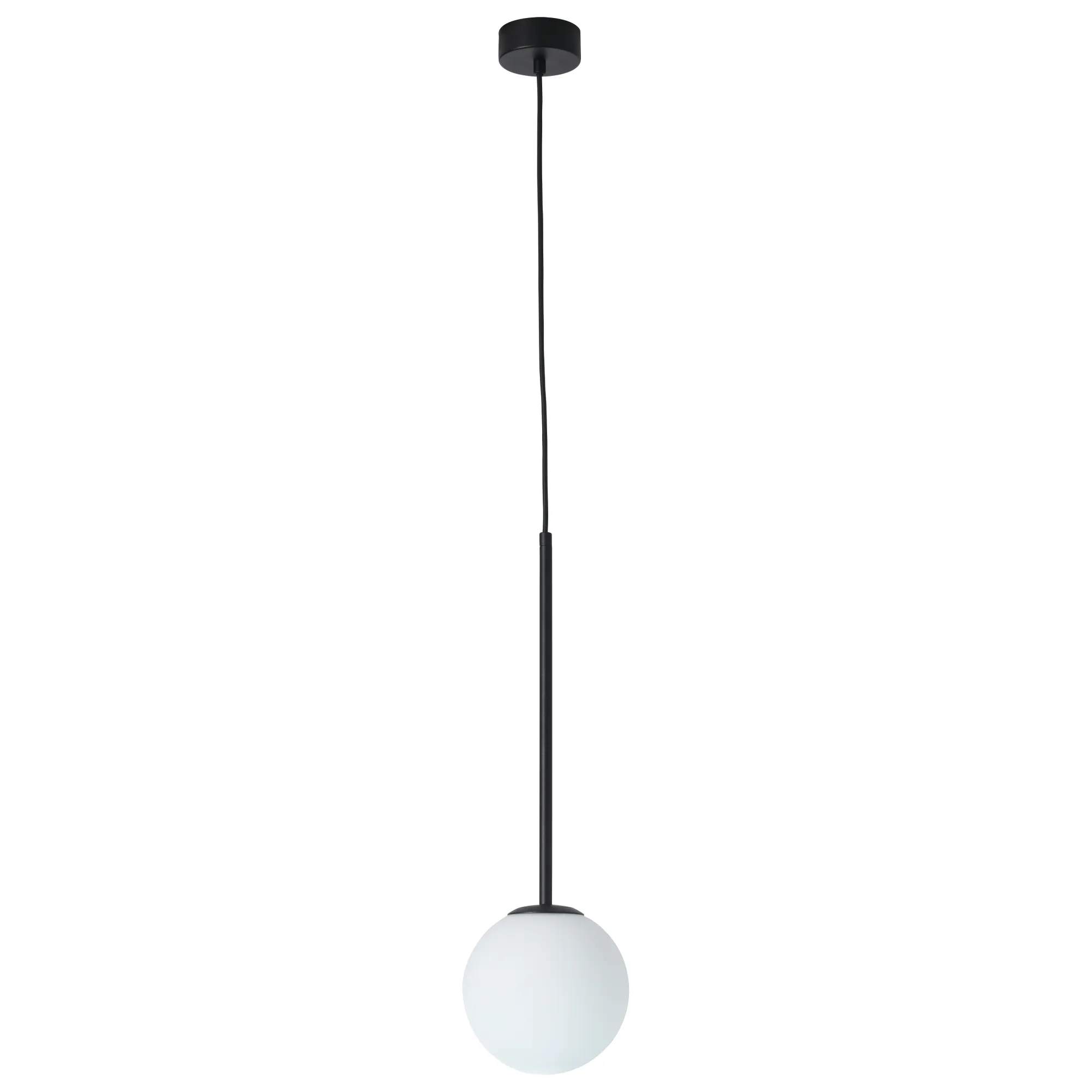 Lampa wisząca Bolti 1xE14 w kolorze czarnym, z długim, prostym przewodem. Okrągła, matowa kula ze szkła opalowego na dolnej części, zawieszona pod sufitem. Prosta forma, idealna do nowoczesnych wnętrz.