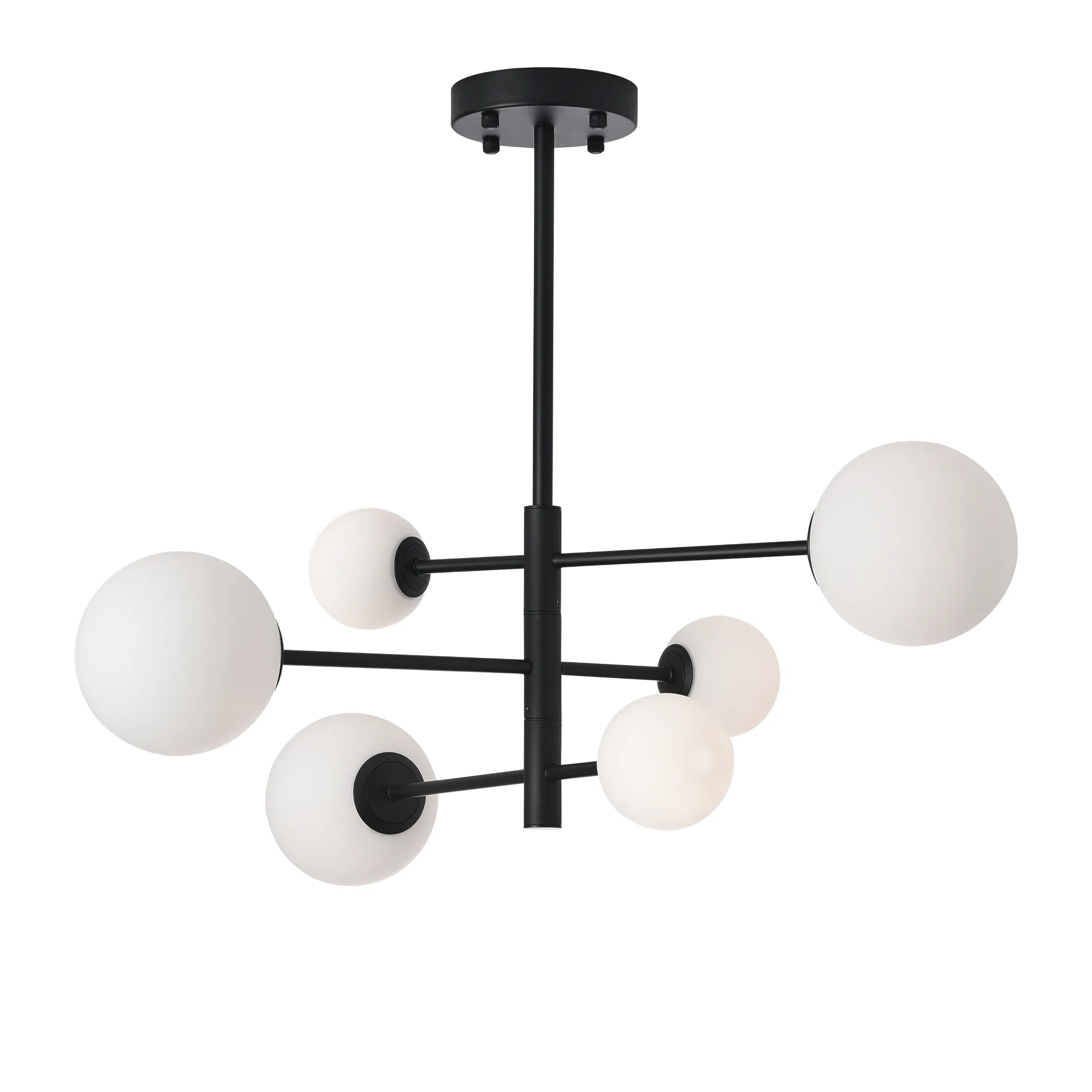 Lampa wisząca Bolti z sześcioma oprawami G9. Czarna konstrukcja metalowa z białymi, okrągłymi kloszami. Ujęcie z dołu, z widokiem na rozłożone ramiona lampy. Idealna do nowoczesnych wnętrz.