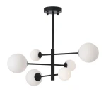 Lampa wisząca Bolti z sześcioma oprawami G9. Czarna konstrukcja metalowa z białymi, okrągłymi kloszami. Ujęcie z dołu, z widokiem na rozłożone ramiona lampy. Idealna do nowoczesnych wnętrz.