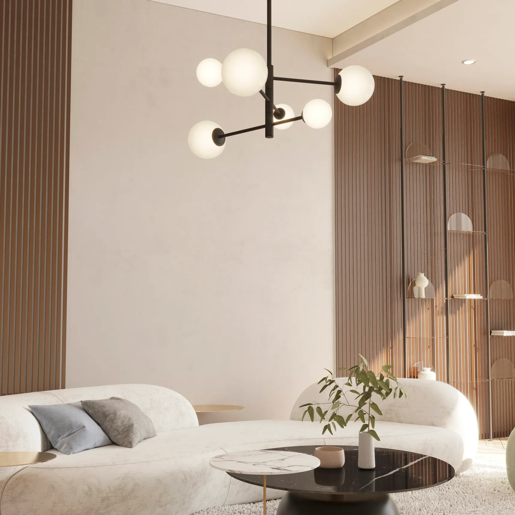 Czarna lampa wisząca Bolti z sześcioma źródłami światła G9, o nowoczesnym designie. Kształt z kulistymi kloszami w odcieniu białym, zawieszona w minimalistycznym wnętrzu z jasnymi ścianami i drewnianymi akcentami.