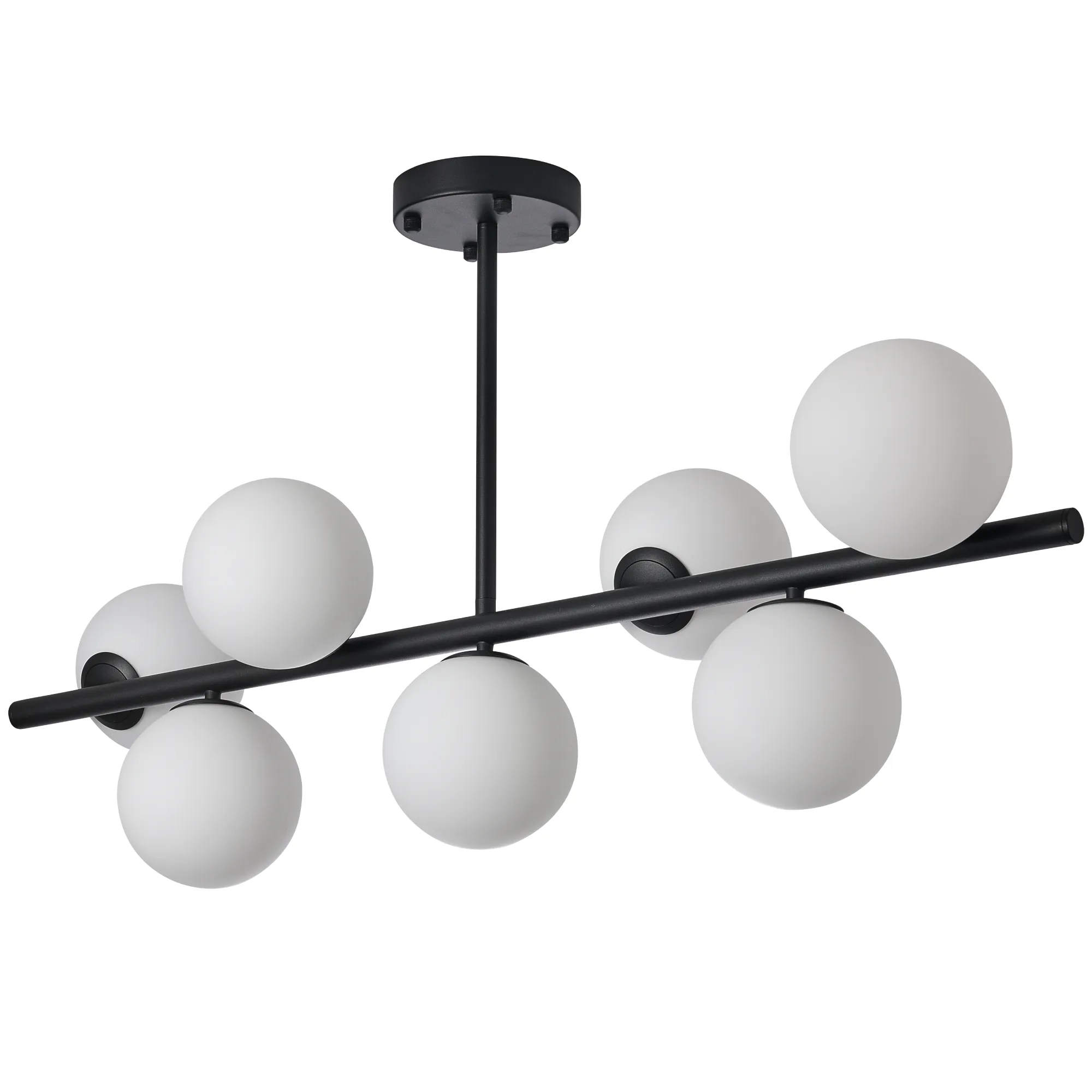 Lampa wisząca Bolti z siedmioma oprawami na żarówki E14, w kolorze czarnym. Konstrukcja z metalowym stelażem i białymi, okrągłymi kloszami z matowego szkła, zawieszona na centralnym wsporniku. Ujęcie z boku, ukazujące nowoczesny design.