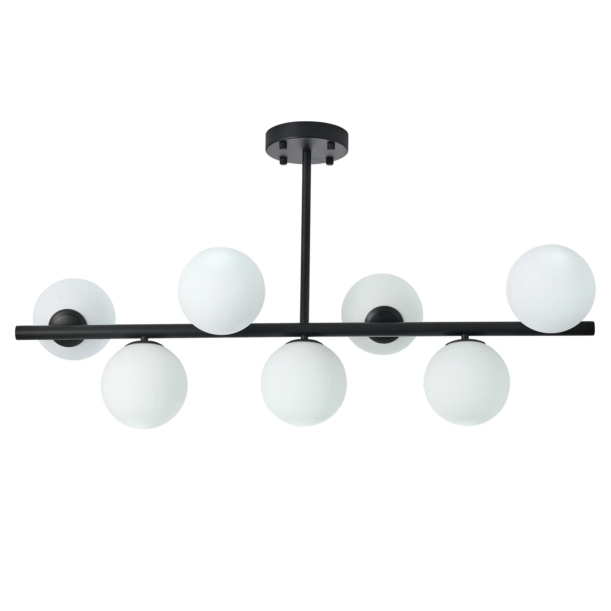 Lampa wisząca Bolti z siedmioma oprawami E14, czarna. Konstrukcja z metalowym stelażem, w kształcie poziomej belki, z białymi, okrągłymi kloszami umieszczonymi na końcach. Montaż sufitowy, minimalistyczny design.