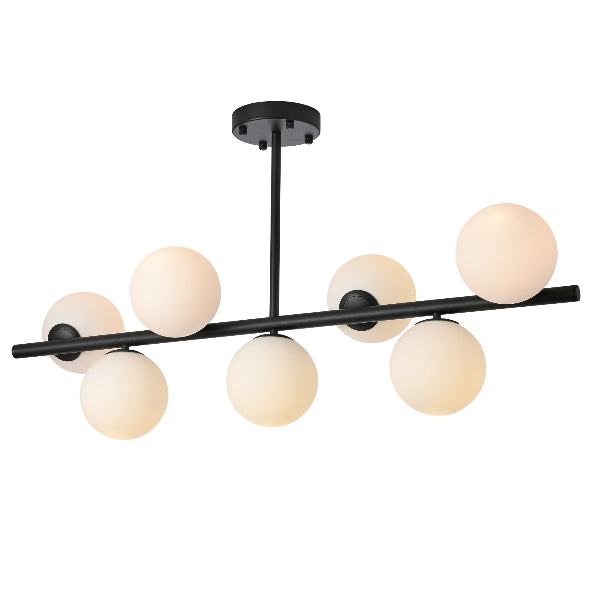 Lampa wisząca Bolti z siedmioma oprawami E14 w kolorze czarnym. Konstrukcja z metalowym ramieniem i okrągłymi kloszami z mlecznego szkła. Lampa montowana sufitowo, z równomiernym rozmieszczeniem kloszy.