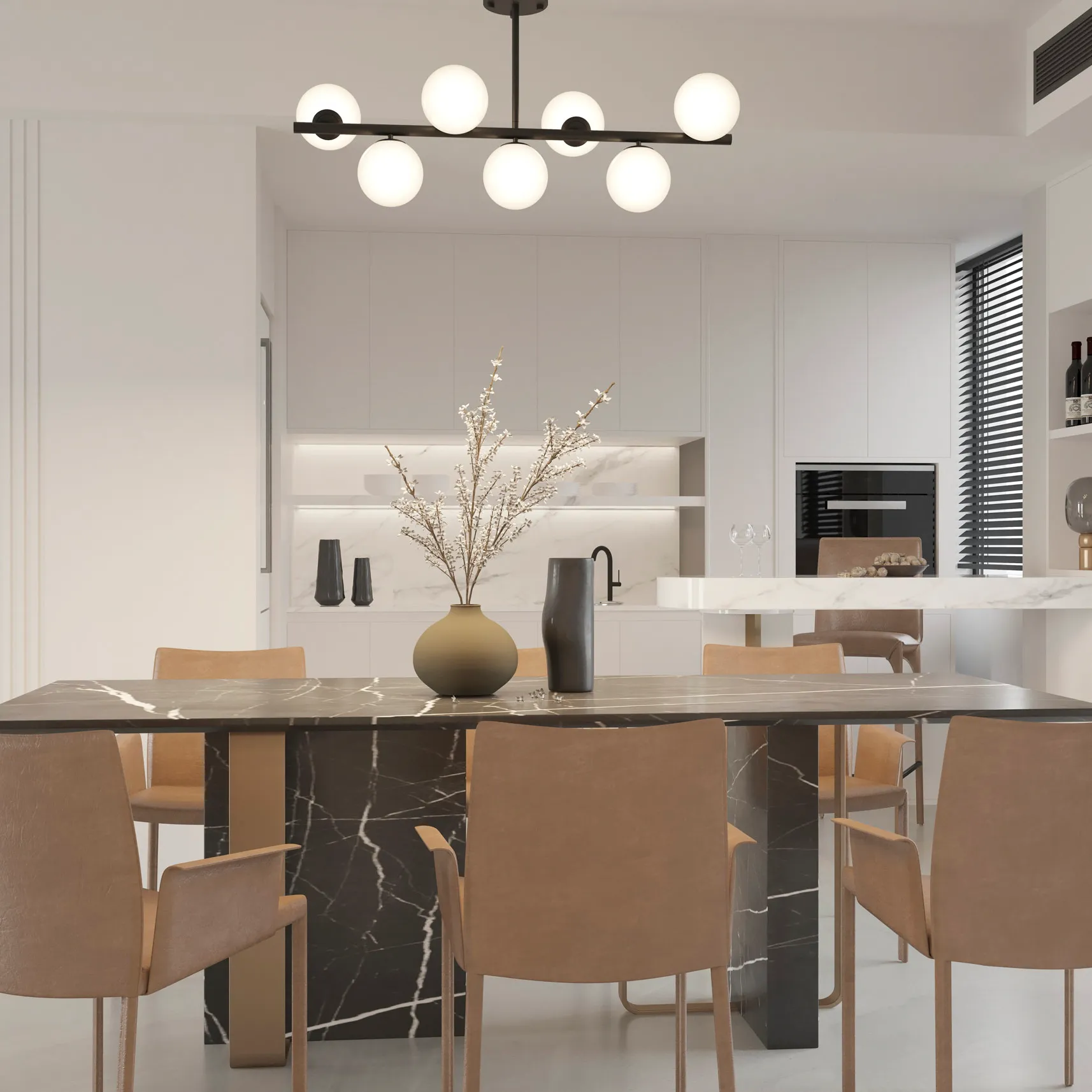 Czarna lampa wisząca Bolti z siedmioma oprawami na żarówki E14, umieszczona nad stołem w nowoczesnej kuchni. Lampa ma minimalistyczny design z okrągłymi białymi kloszami, w otoczeniu drewnianych krzeseł i eleganckich akcesoriów.
