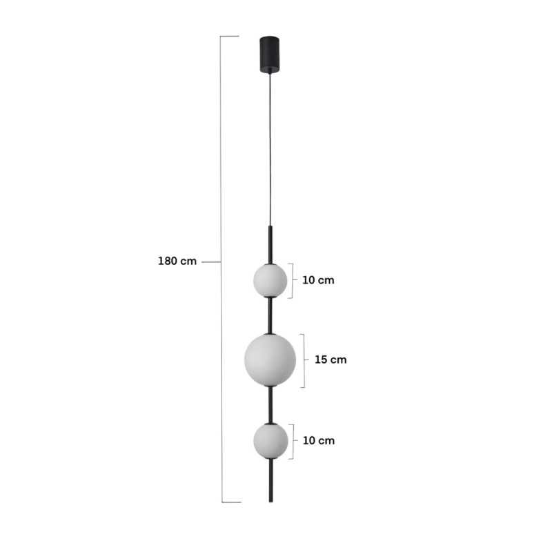 Lampa wisząca Bolti IP44, czarna, z trzema okrągłymi kloszami w białym kolorze. Długość całkowita 180 cm, z kloszami o średnicach 10 cm (górny i dolny) oraz 15 cm (środkowy). Klosze zawieszone na czarnym drucie, idealna do nowoczesnych wnętrz.