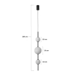 Lampa wisząca Bolti IP44, czarna, z trzema okrągłymi kloszami w białym kolorze. Długość całkowita 180 cm, z kloszami o średnicach 10 cm (górny i dolny) oraz 15 cm (środkowy). Klosze zawieszone na czarnym drucie, idealna do nowoczesnych wnętrz.