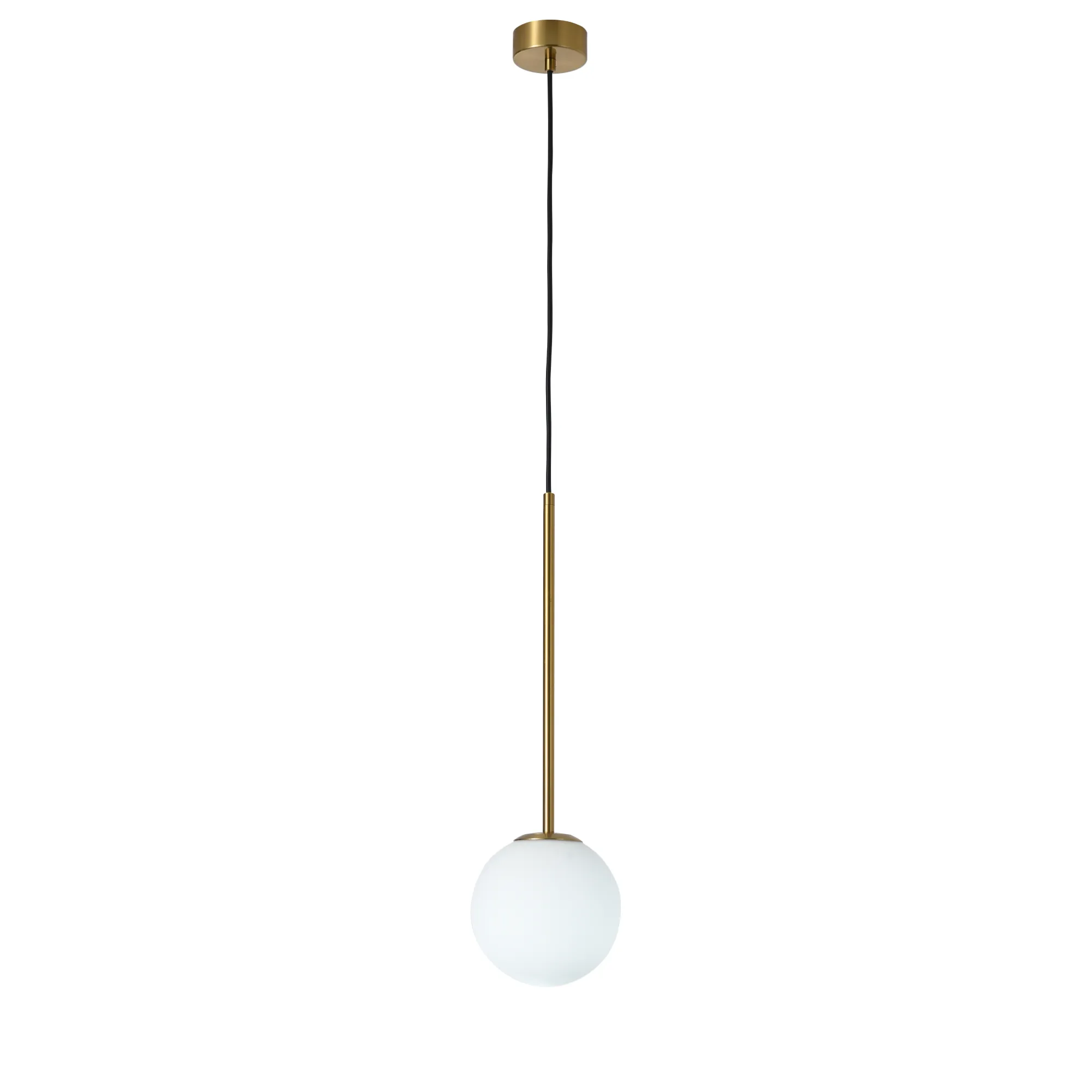 Lampa wisząca Bolti 1xE14 w kolorze złotym, z okrągłym kloszem z białego szkła. Posiada długą, prostą metalową podstawę oraz czarny przewód. Zawieszona na suficie, ukazuje minimalistyczny design.