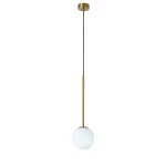 Lampa wisząca Bolti 1xE14 w kolorze złotym, z okrągłym kloszem z białego szkła. Posiada długą, prostą metalową podstawę oraz czarny przewód. Zawieszona na suficie, ukazuje minimalistyczny design.