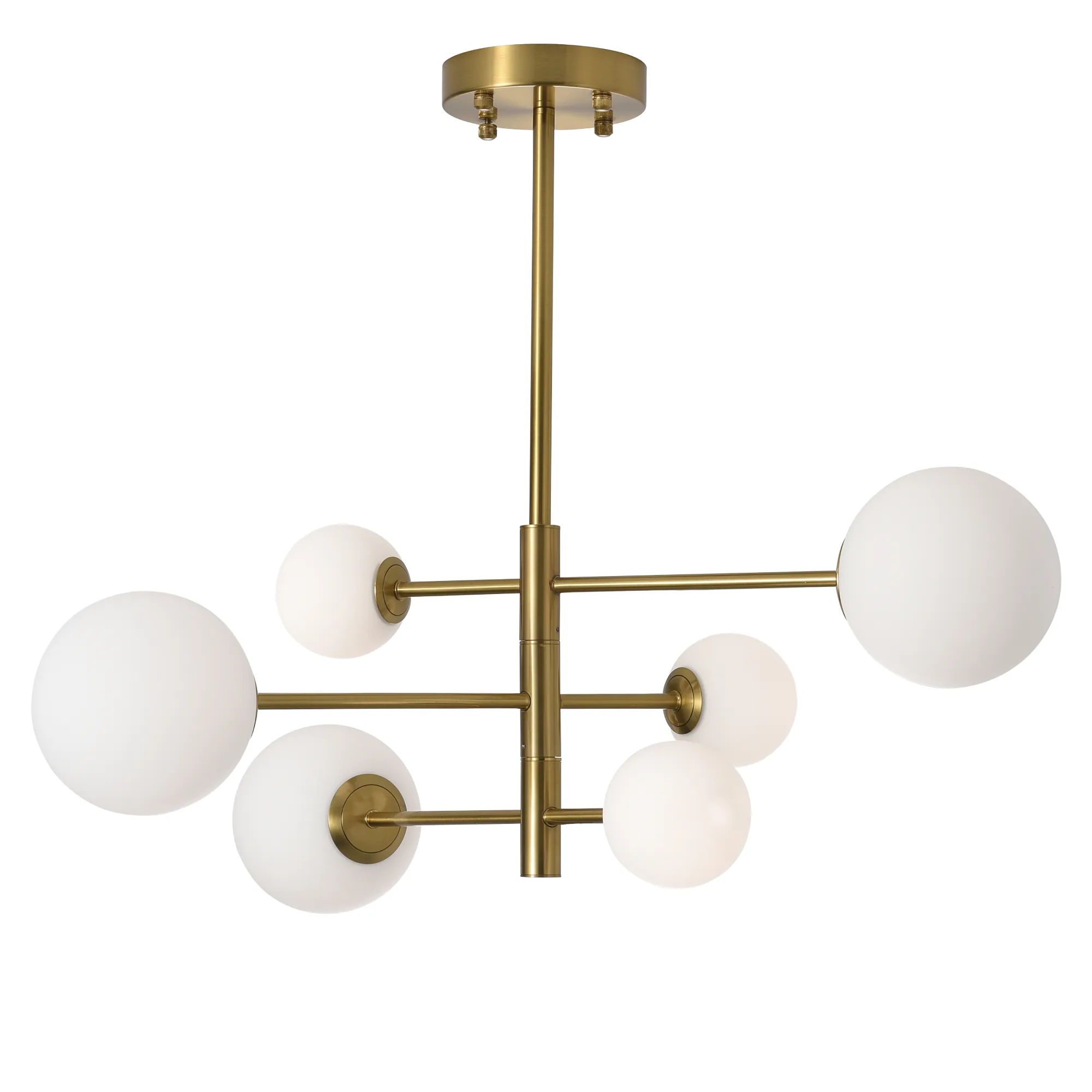 Lampa wisząca Bolti 6xG9 w kolorze złotym, z sześcioma białymi, okrągłymi kloszami. Ujęcie frontalne, produkt zamontowany na suficie, z widocznymi metalowymi elementami i gładką, matową fakturą szkła.
