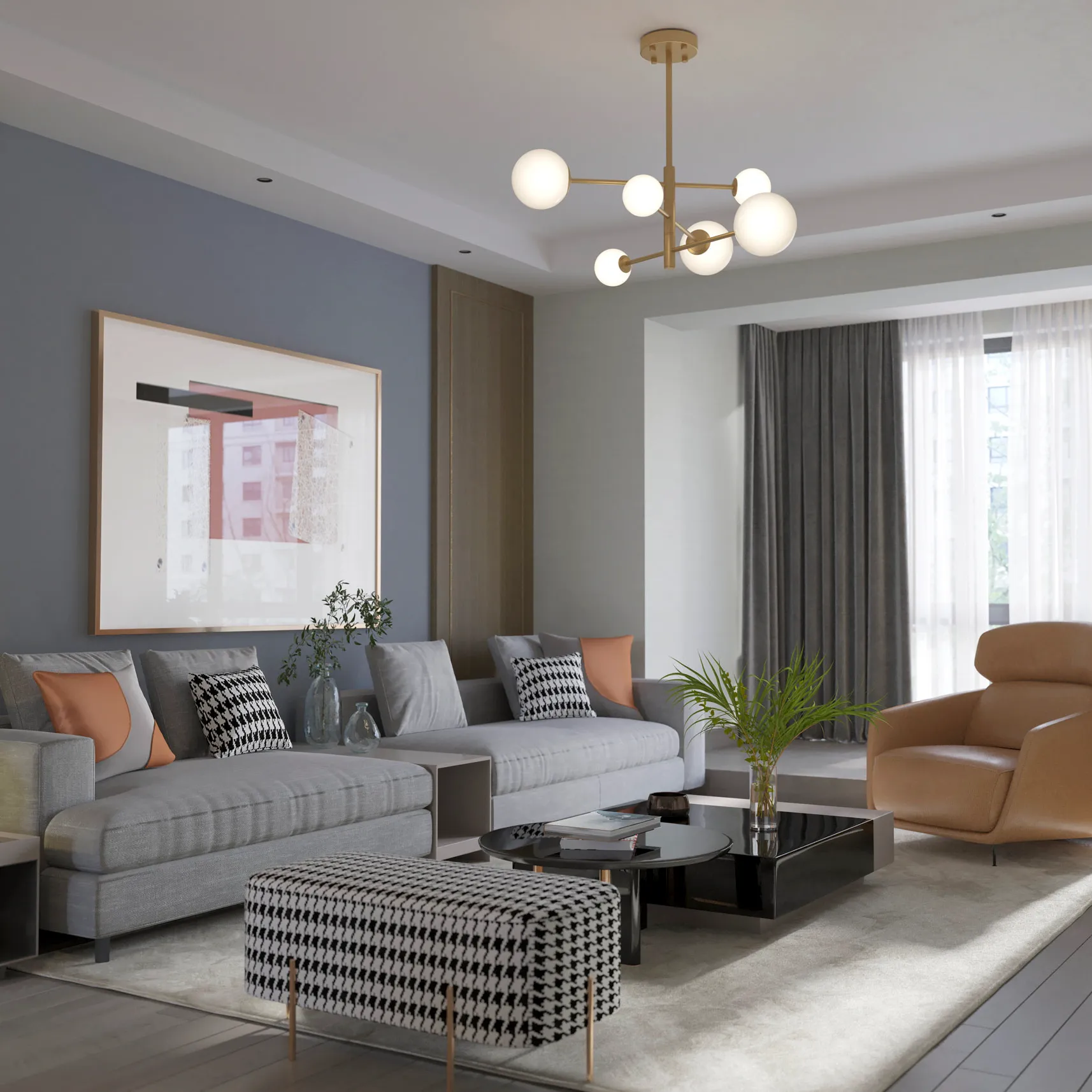 Lampa wisząca Bolti 6xG9 w kolorze złotym, z sześcioma okrągłymi kloszami, umieszczona w nowoczesnym wnętrzu z sofą, stolikiem kawowym i roślinnością. Produkt wisi na suficie, oświetlając przestrzeń.