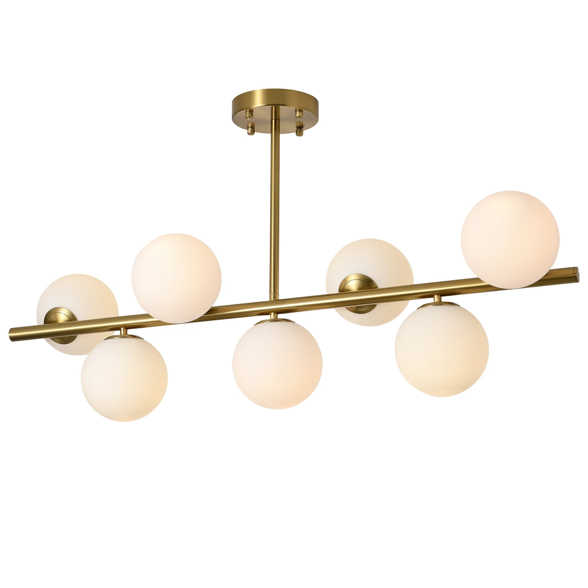 Lampa wisząca Bolti z siedmioma oprawami E14, złota konstrukcja z metalowym stelażem i okrągłymi, mlecznymi kloszami. Ujęcie frontalne, zawieszona na sufitowym mocowaniu. Idealna do nowoczesnych wnętrz.