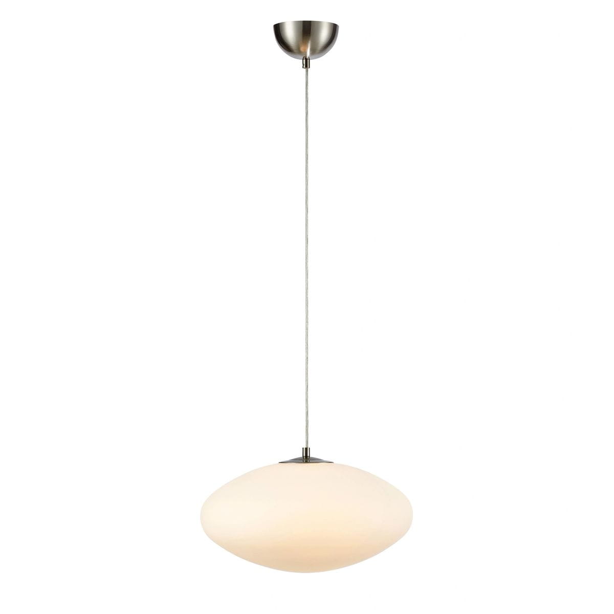 Lampa wisząca Locus z jedną oprawą E14, wykonana z białego szkła i stali. Ma owalny kształt, zawieszona na cienkim, białym przewodzie, z metalowym mocowaniem na suficie. Idealna do nowoczesnych wnętrz.