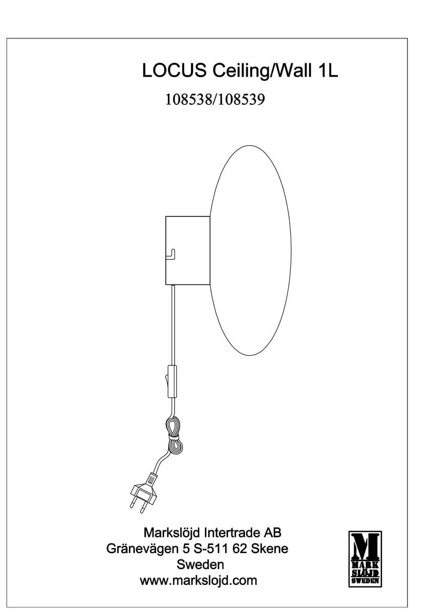 Lampa sufitowa Locus 1xE14 w kolorze białym z metalową podstawą. Owalny kształt klosza, zamontowana na ścianie, z widocznym przewodem z wtyczką. Prosta konstrukcja, idealna do nowoczesnych wnętrz.