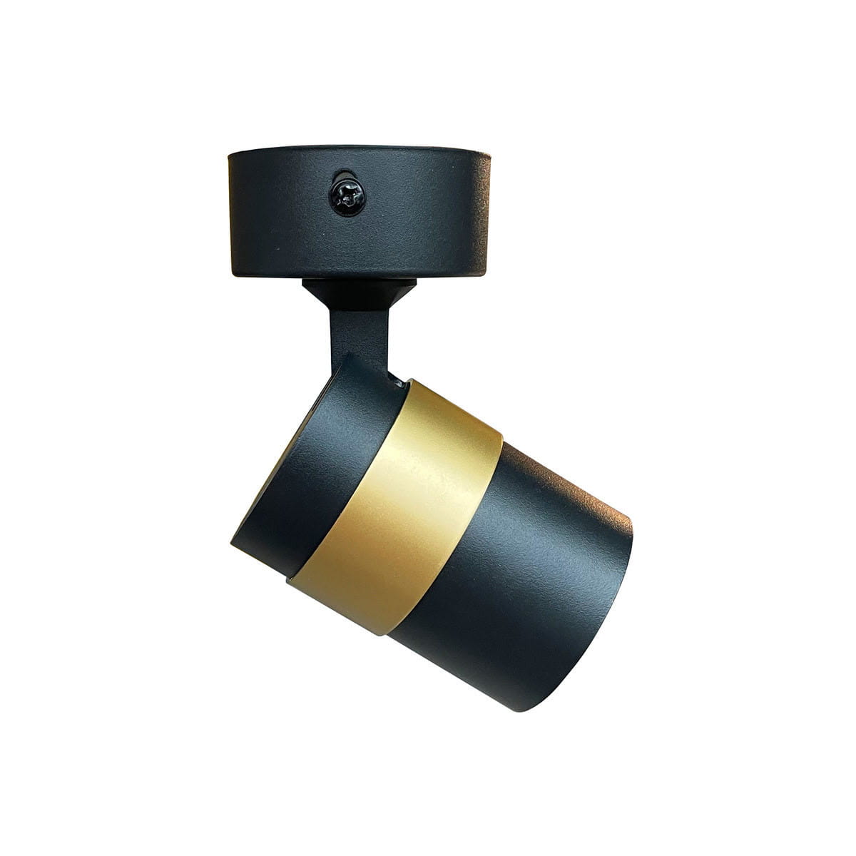 Czarna lampa sufitowa typu spot z jednym gniazdem GU10, z metalowym korpusem. Wyróżnia się złotym akcentem w środkowej części. Ujęcie z boku, pokazujące kąt nachylenia oraz mocowanie do sufitu. Tło białe.