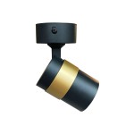 Czarna lampa sufitowa typu spot z jednym gniazdem GU10, z metalowym korpusem. Wyróżnia się złotym akcentem w środkowej części. Ujęcie z boku, pokazujące kąt nachylenia oraz mocowanie do sufitu. Tło białe.