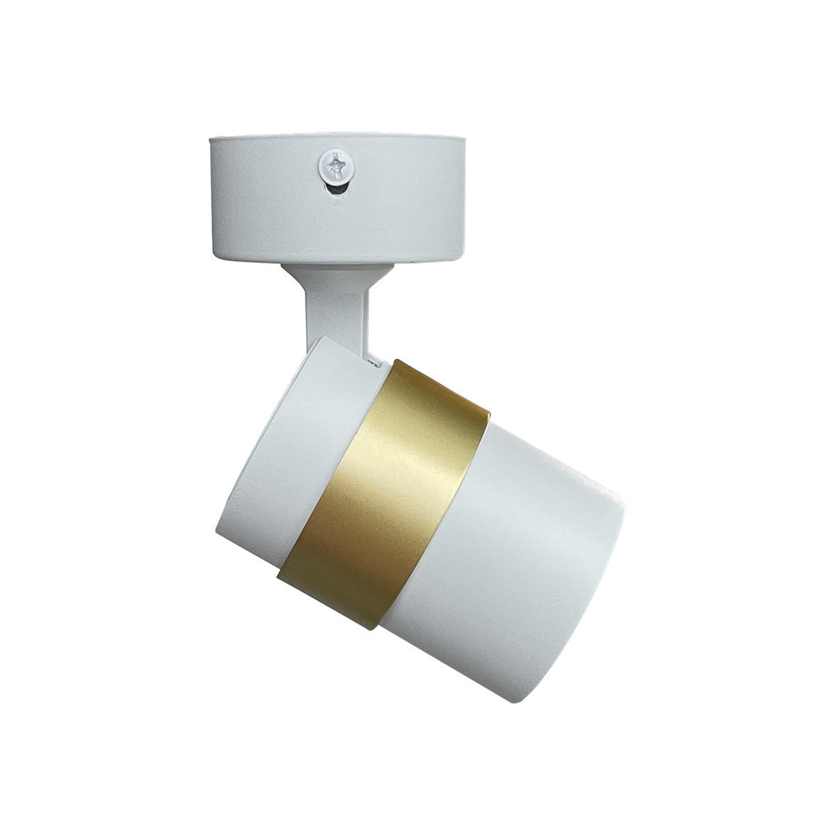 Biała lampa sufitowa typu spot z metalowym detalem w kolorze złotym, zamontowana na okrągłym uchwycie. Kąt ujęcia z boku, ukazujący kierunek światła oraz stylowy design. Idealna do nowoczesnych wnętrz.