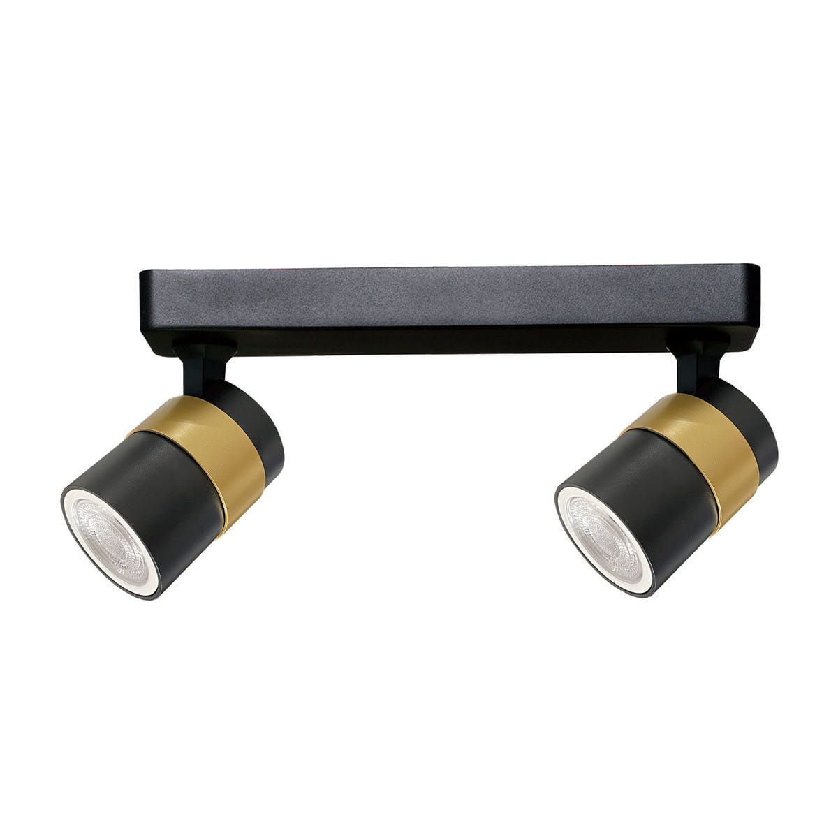 Lampa sufitowa Anillo w kolorze czarnym z dwoma reflektorami GU10. Kształt prostokątny z metalowym wykończeniem, reflektory w czerni i złocie. Ujęcie frontalne, zamontowana na suficie, idealna do oświetlenia wnętrz.