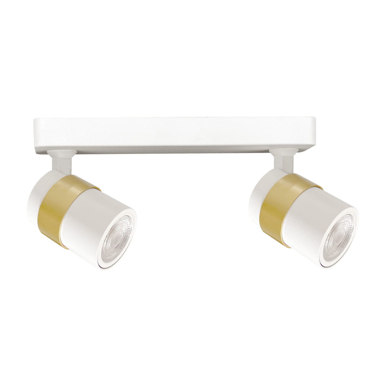 Lampa sufitowa Anillo LP-770/2W WH z białą obudową i złotymi detalami, posiada dwa ruchome reflektory GU10. Ujęcie frontalne, produkt zamontowany na prostokątnej podstawie. Idealna do nowoczesnych wnętrz.