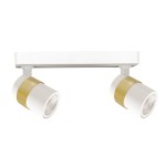 Lampa sufitowa Anillo LP-770/2W WH z białą obudową i złotymi detalami, posiada dwa ruchome reflektory GU10. Ujęcie frontalne, produkt zamontowany na prostokątnej podstawie. Idealna do nowoczesnych wnętrz.