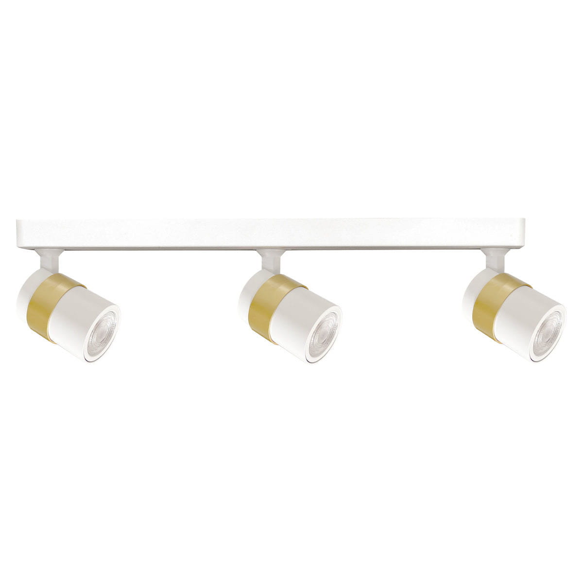 Lampa sufitowa Anillo LP-770/3W WH z trzema reflektorami GU10. Biała obudowa z metalowymi złotymi akcentami. Ułożona poziomo, z reflektorami ustawionymi pod kątem, idealna do oświetlenia wnętrza. Proste, nowoczesne wzornictwo.