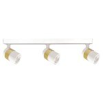 Lampa sufitowa Anillo LP-770/3W WH z trzema reflektorami GU10. Biała obudowa z metalowymi złotymi akcentami. Ułożona poziomo, z reflektorami ustawionymi pod kątem, idealna do oświetlenia wnętrza. Proste, nowoczesne wzornictwo.