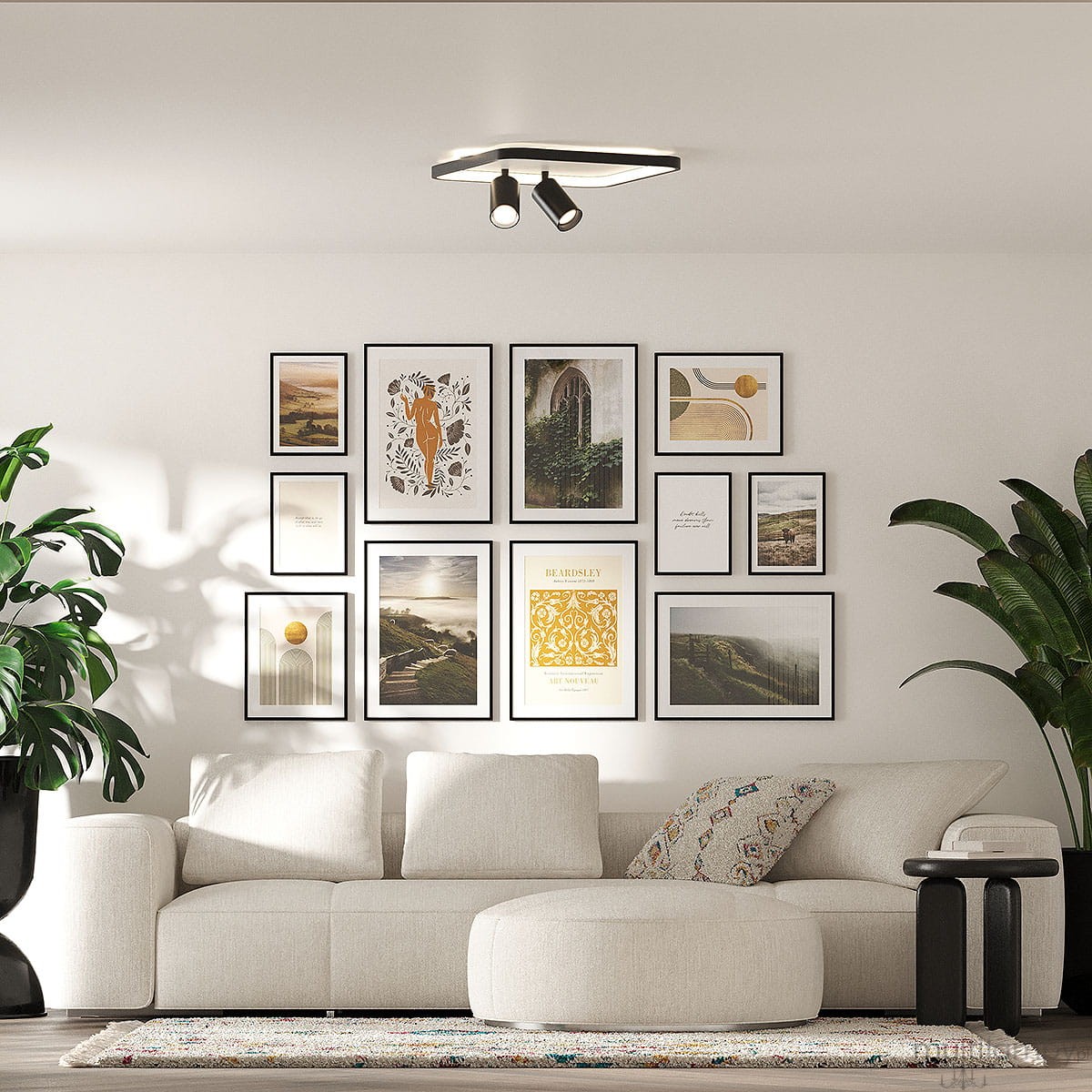 Lampa sufitowa Parma 2xGU10 w kolorze czarnym, z kwadratowym kloszem i dwoma regulowanymi reflektorami LED. Zawieszona na białym suficie, w nowoczesnym wnętrzu z sofą i obrazami na ścianie.