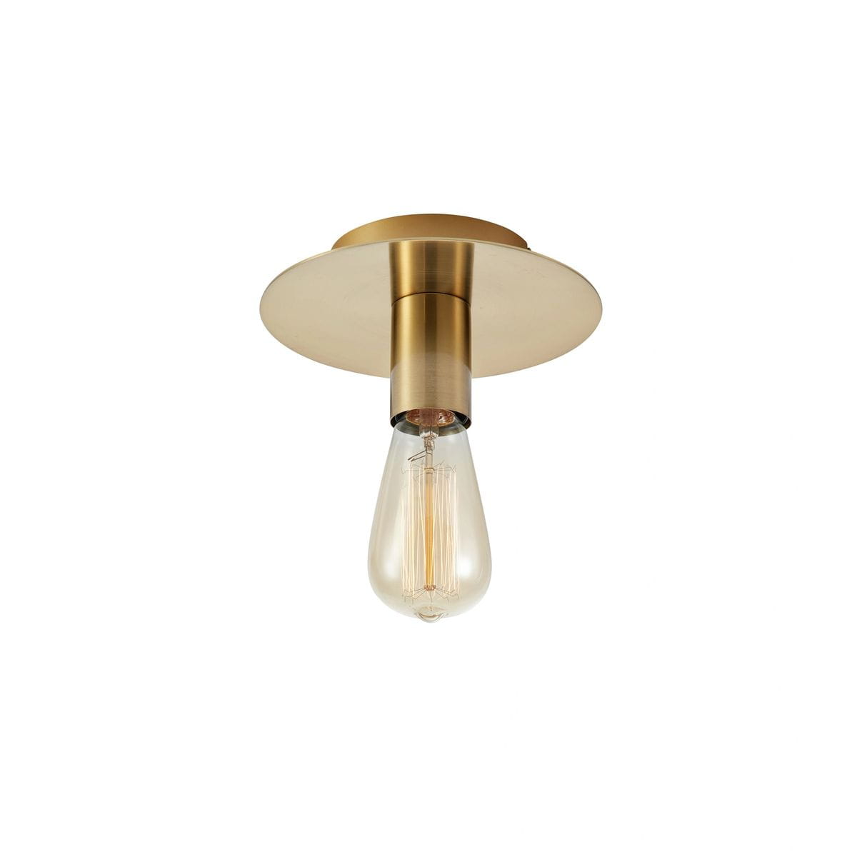 Lampa sufitowa Piatto w kolorze mosiądzu z oprawą na jedną żarówkę E27. Zawieszona pod sufitem, ma okrągłą podstawę oraz przezroczystą żarówkę w kształcie kropli. Prosty design, idealna do nowoczesnych wnętrz.