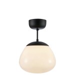 Lampa sufitowa Rise 1xE27 w kolorze czarnym i białym. Okrągła, matowa osłona ze szkła w kształcie kuli, zawieszona na czarnym mocowaniu. Ujęcie frontalne, produkt wiszący, pasujący do nowoczesnych wnętrz.