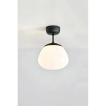 Lampa sufitowa Rise 1xE27 w kolorze czarnym i białym, z kulistym kloszem o gładkiej powierzchni. Zawieszona na czarnym stelażu, prezentuje minimalistyczny design, idealna do nowoczesnych wnętrz. Ujęcie z dołu, na jednolitym tle.