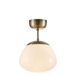Lampa sufitowa Rise 1xE27 w kolorze antycznego mosiądzu z białym kloszem o kształcie kulistym, zawieszona na cienkim pręcie. Ujęcie frontalne, produkt w pozycji wiszącej, z widocznym mocowaniem sufitowym.