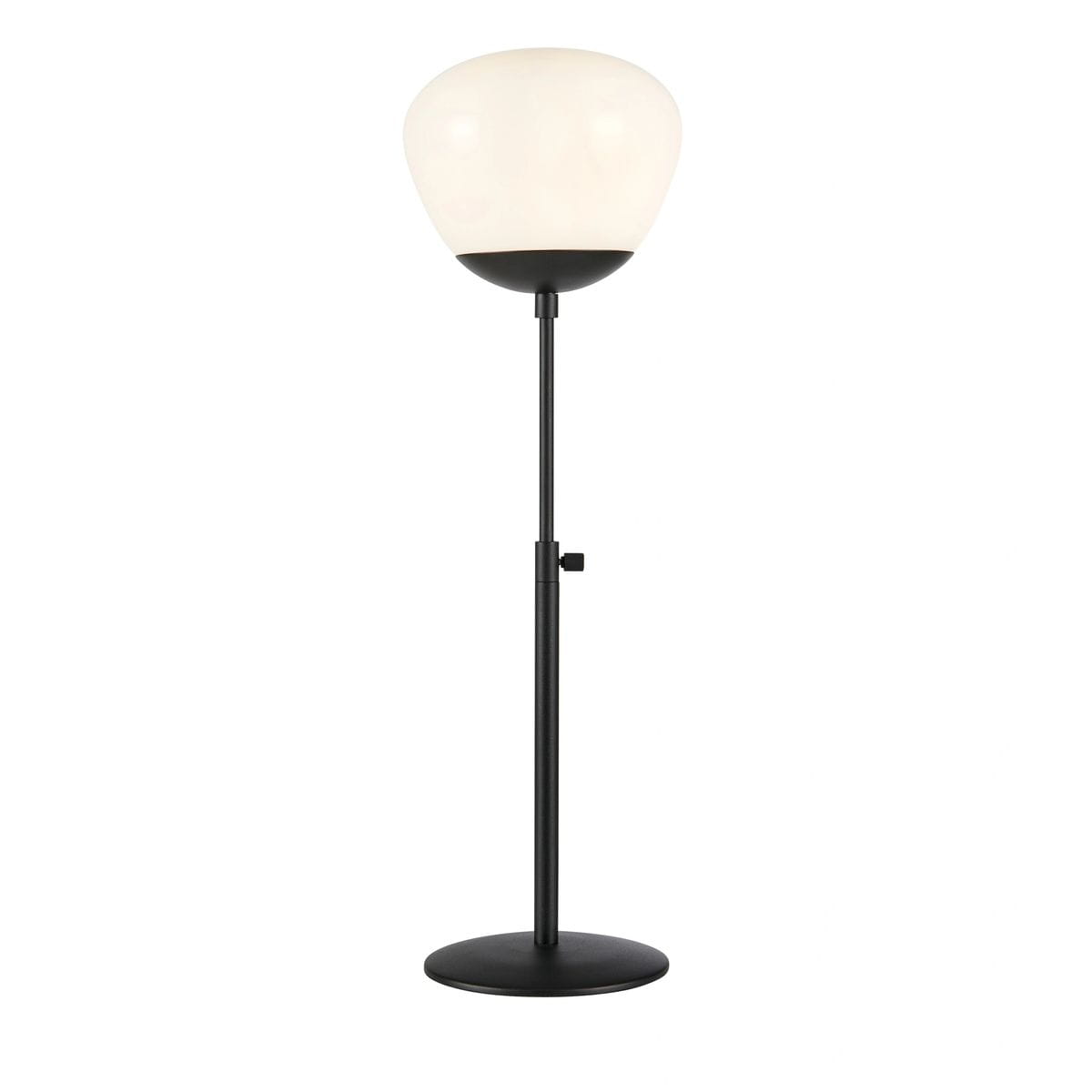 Lampa stołowa Rise H60 z podstawą w kolorze czarnym i kloszem w białym, okrągłym kształcie. Stojąca, z regulowaną wysokością, idealna do oświetlenia wnętrz. Widok frontalny, na jednolitym tle.