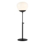 Lampa stołowa Rise H60 z podstawą w kolorze czarnym i kloszem w białym, okrągłym kształcie. Stojąca, z regulowaną wysokością, idealna do oświetlenia wnętrz. Widok frontalny, na jednolitym tle.
