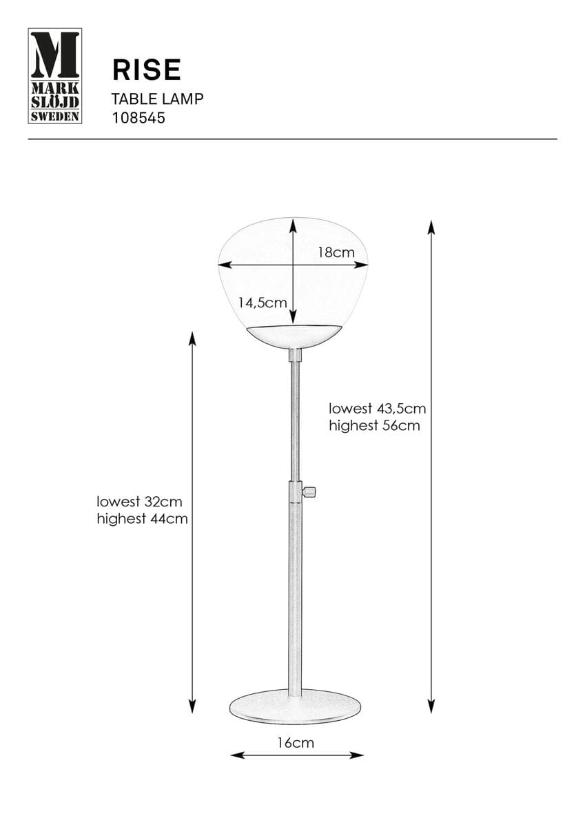 Lampa stołowa Rise H60 z podstawą o średnicy 16 cm, regulowaną wysokością od 32 do 44 cm. Klosz w kształcie kuli, biały, średnica 18 cm, wysokość 14,5 cm. Metalowa konstrukcja w kolorze czarnym, elegancka i nowoczesna.