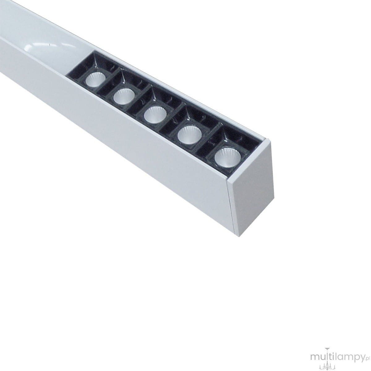 Lampa wisząca Cali 80 w kolorze białym, o prostokątnym kształcie, z jednym źródłem światła LED o mocy 32W. Widoczna konstrukcja z sześcioma miejscami na żarówki, umieszczona w pozycji leżącej, na prostym tle.