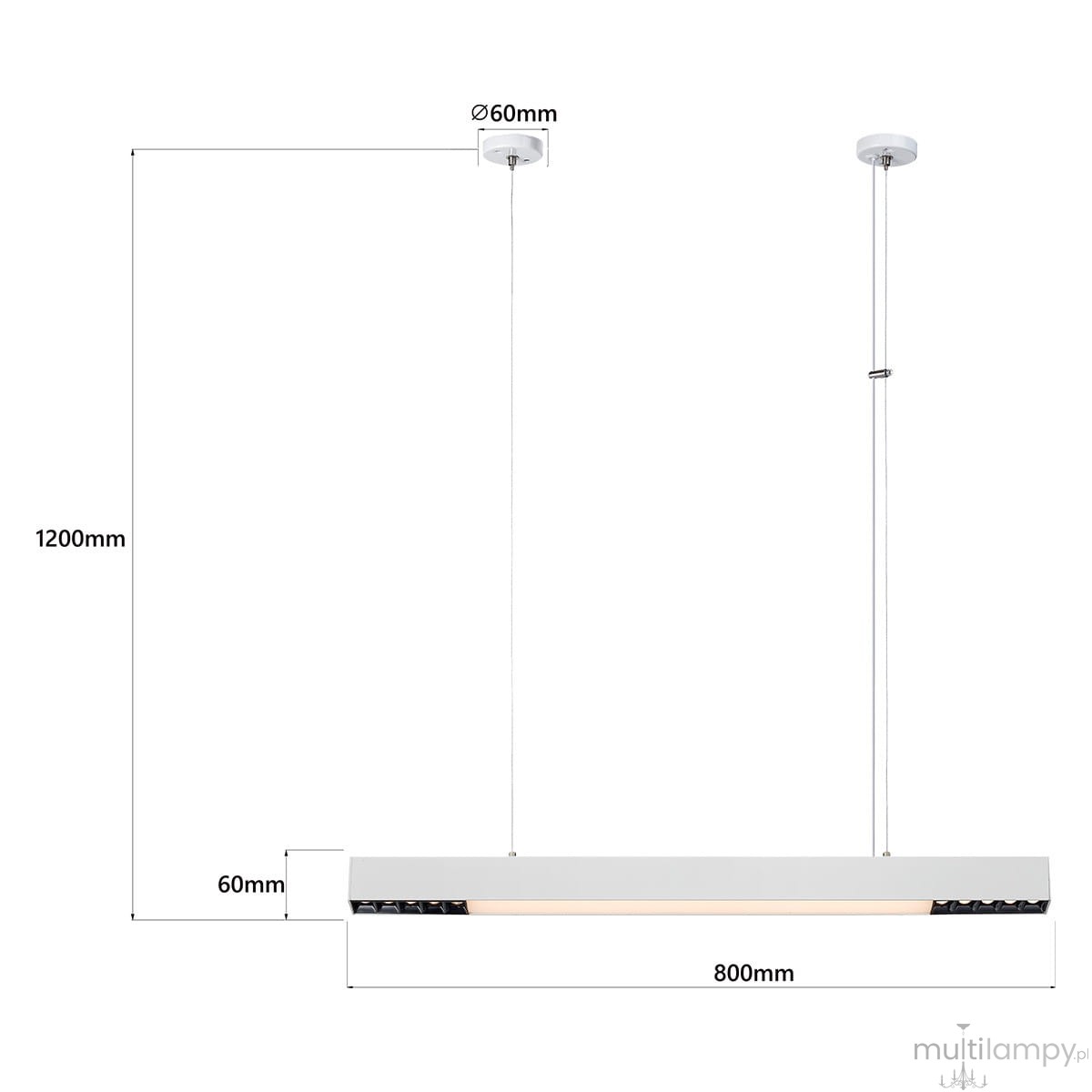 Lampa wisząca Cali 80, 1xLED/32W, biała. Prosta, prostokątna konstrukcja o wymiarach 800 mm szerokości i 1200 mm długości, zawieszona na dwóch linkach. Kluczowe elementy to biała obudowa i przezroczysta osłona LED.