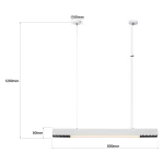 Lampa wisząca Cali 80, 1xLED/32W, biała. Prosta, prostokątna konstrukcja o wymiarach 800 mm szerokości i 1200 mm długości, zawieszona na dwóch linkach. Kluczowe elementy to biała obudowa i przezroczysta osłona LED.