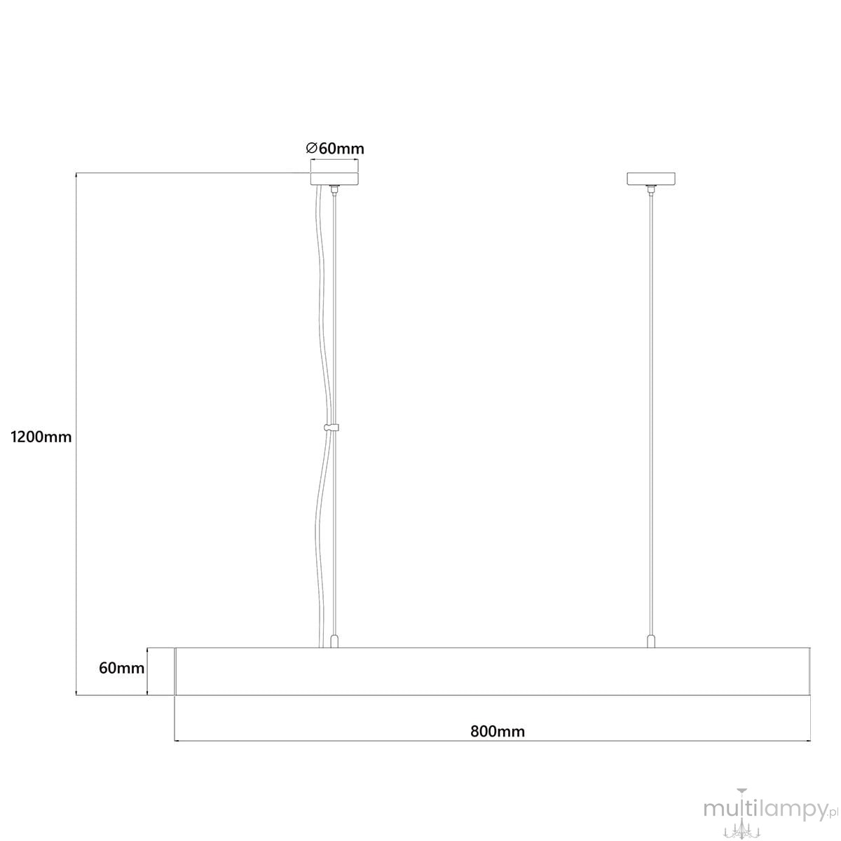 Lampa wisząca Cali 80, biała, z jedną diodą LED o mocy 32W. Prosta, prostokątna konstrukcja o wymiarach 800mm x 60mm, zawieszona na dwóch kablach, wysokość 1200mm. Idealna do nowoczesnych wnętrz.
