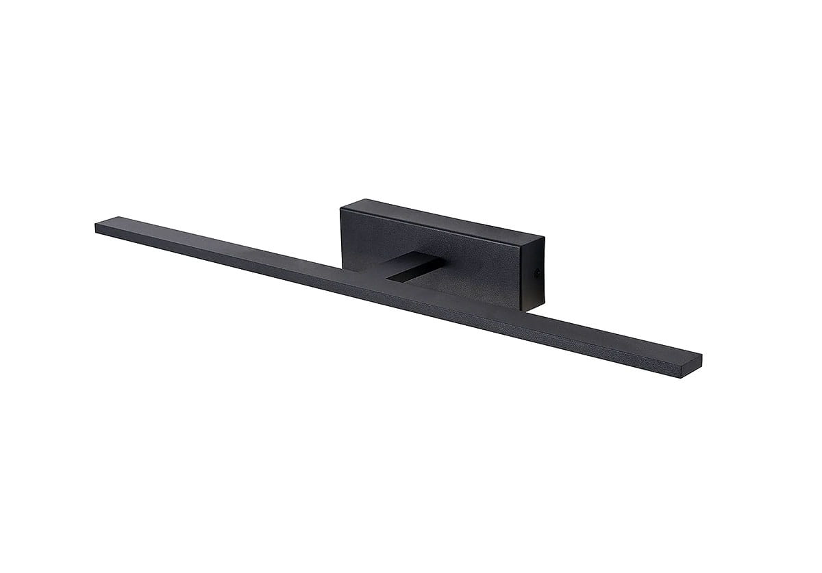 Kinkiet łazienkowy LED Elgidia IP44 w kolorze czarnym, o prostokątnym korpusie i długim, poziomym źródle światła. Produkt zamontowany na ścianie, z minimalistycznym designem, idealny do nowoczesnych wnętrz.