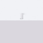 Biała lampa sufitowa Karbon 10 z miejscem na jedną żarówkę GU10, o cylindrycznym kształcie i teksturowanej powierzchni. Zainstalowana na jasnym tle, prezentuje minimalistyczny design.