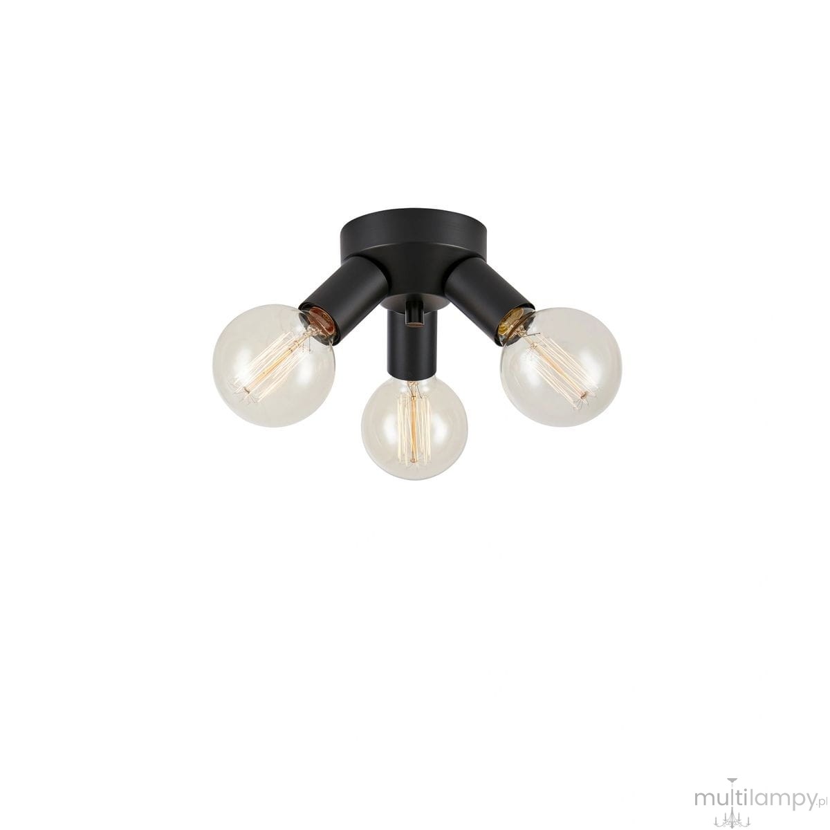 Lampa sufitowa Mazzo w kolorze czarnym z trzema oprawami na żarówki E27. Kształt okrągły, z widocznymi przezroczystymi kulistymi kloszami i matowym wykończeniem. Zamontowana na stropie, z równymi ramionami rozchodzącymi się w różnych kierunkach.