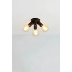 Lampa sufitowa Mazzo z trzema oprawami E27 w kolorze czarnym. Produkt ma nowoczesny, minimalistyczny design, z okrągłą podstawą i przezroczystymi żarówkami, zamontowany na suficie w lekko nachylonej pozycji.