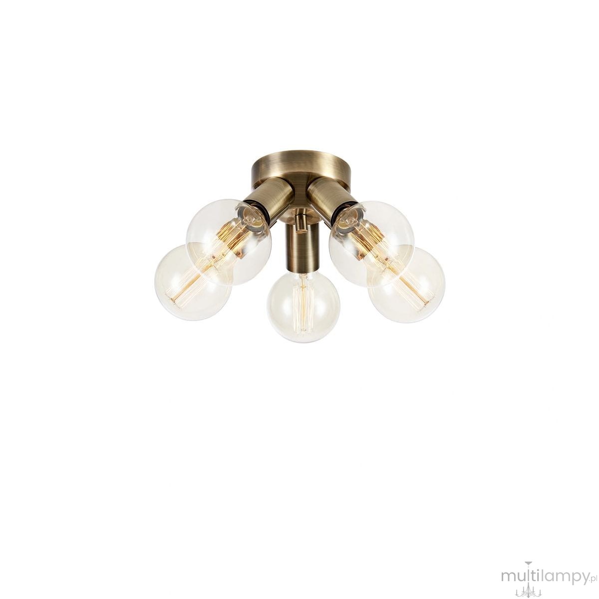 Lampa sufitowa Mazzo, pięć opraw E27, w kolorze antycznego mosiądzu. Okrągła podstawa z metalowymi ramionami i przezroczystymi kloszami, ustawiona w centralnej pozycji, z widocznymi żarówkami. Jasne tło, podkreślające elegancki design.