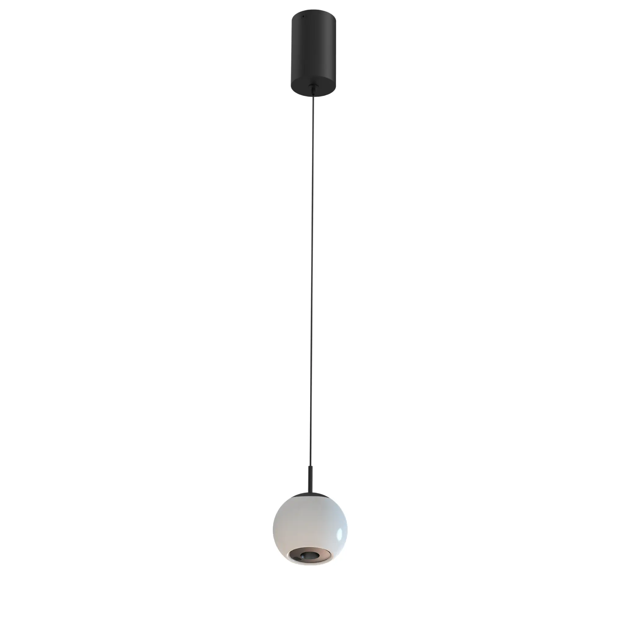 Lampa wisząca Iliso w kolorze czarnym z jednym źródłem światła LED 10W. Posiada okrągły, szklany klosz w białym kolorze, zawieszona na cienkim, czarnym przewodzie. Ujęcie frontalne, na białym tle, akcentujące prosty design.