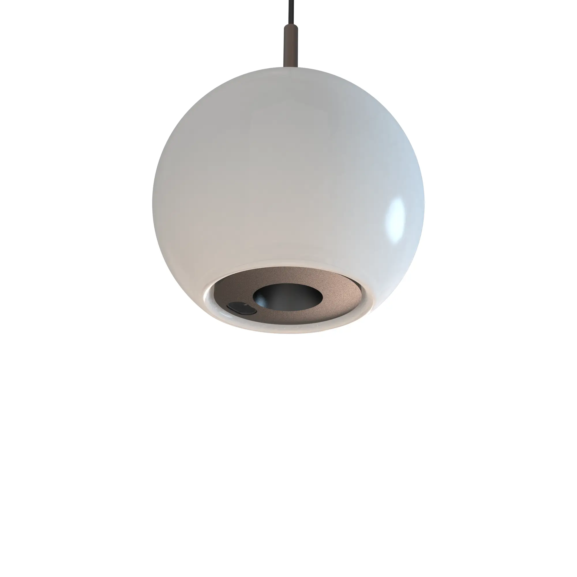 Lampa wisząca Iliso 1xLED/10W w kształcie białej kuli z metalowym elementem u dołu. Zawieszona na cienkim przewodzie, z widocznym otworem na żarówkę LED. Prosta forma, przeznaczona do nowoczesnych wnętrz, na jasnym tle.