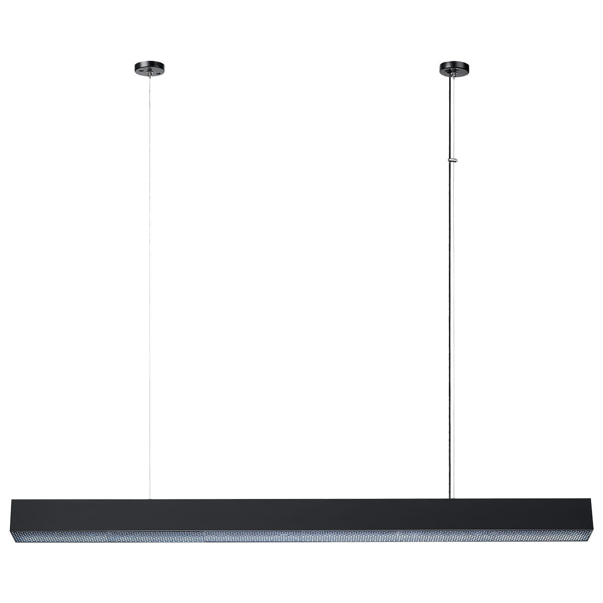 Lampa wisząca Mira 120, czarna, z jedną diodą LED o mocy 45W. Posiada prostokątny kształt, zawieszona na dwóch cienkich linkach. Widoczny jest perforowany klosz, który zapewnia równomierne rozproszenie światła.