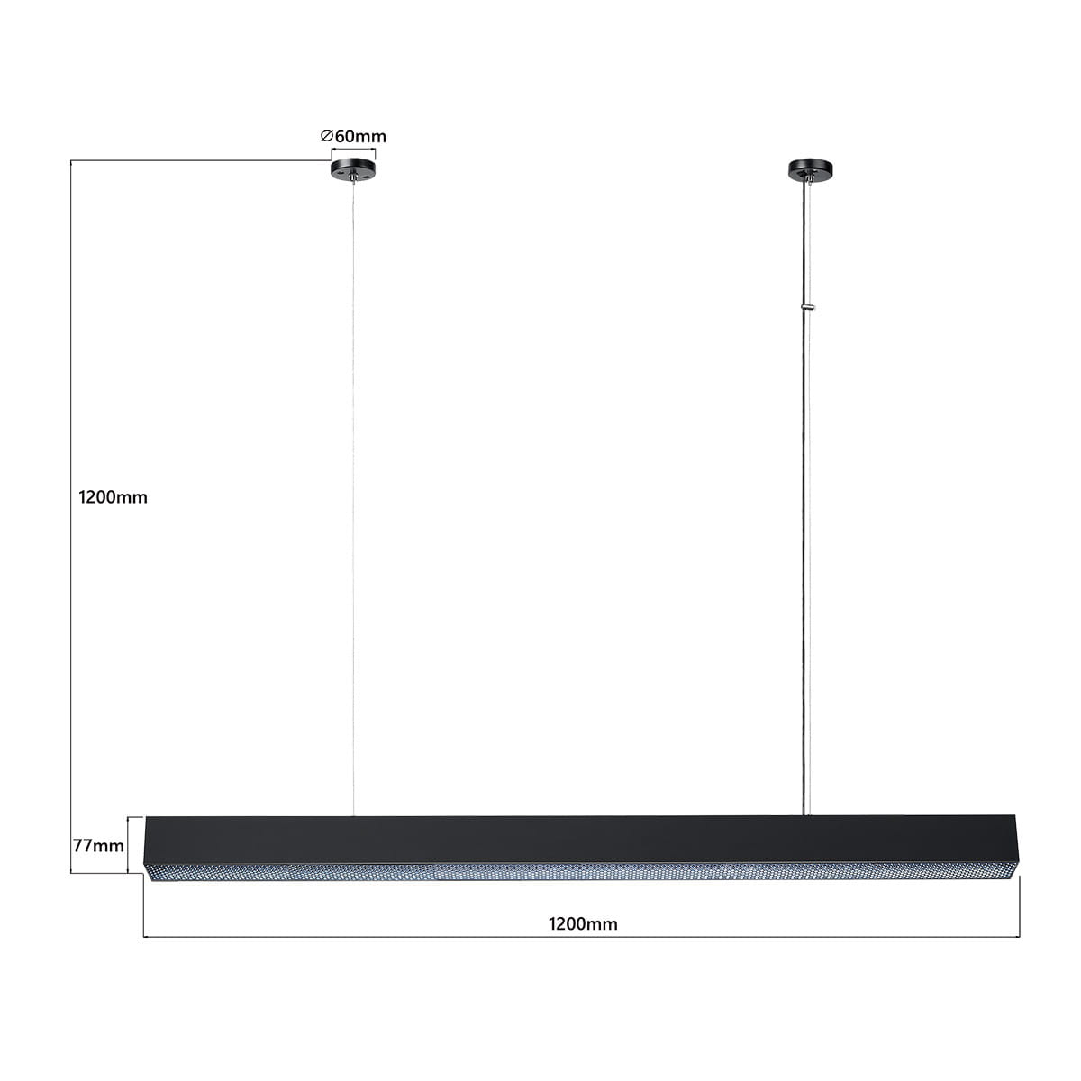 Lampa wisząca Mira 120 w kolorze czarnym, wykonana z metalu, z jedną diodą LED o mocy 45W. Ma prostokątny kształt, długość 1200 mm i wysokość 77 mm, zawieszona na regulowanym przewodzie. Widoczny czarny uchwyt sufitowy o średnicy 60 mm.