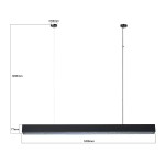 Lampa wisząca Mira 120 w kolorze czarnym, wykonana z metalu, z jedną diodą LED o mocy 45W. Ma prostokątny kształt, długość 1200 mm i wysokość 77 mm, zawieszona na regulowanym przewodzie. Widoczny czarny uchwyt sufitowy o średnicy 60 mm.