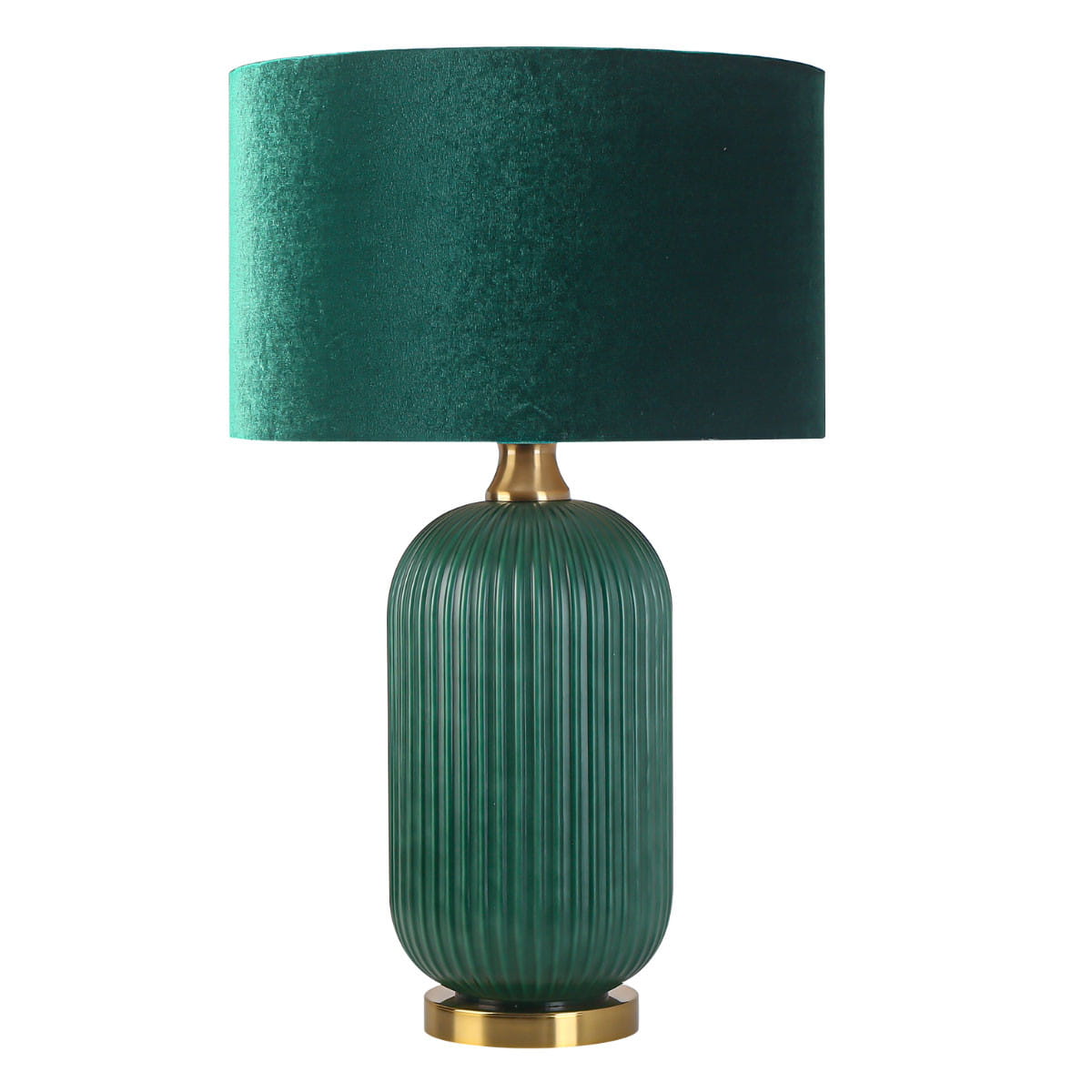 Lampa stołowa Tamiza 1xE27 w butelkowej zieleni z tekstylnym, zielonym kloszem i złotą podstawą. Klosz owalny, a podstawa o fakturze z pionowymi rowkami, stojąca na okrągłej podstawie.