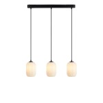 Lampa wisząca Cava z trzema oprawami E14, czarna konstrukcja z białymi, teksturowanymi kloszami w kształcie owalnym. Zawieszona na długich, czarnych linkach, idealna do nowoczesnych wnętrz.