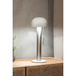 Lampa stołowa Costa 2xG9 w niklu satynowym z białym kloszem. Ma prostą, cylindryczną nogę i okrągłą podstawę. Wysokość około 40 cm, z regulatorem w postaci stalowej kulki. Ustawiona na drewnianym stoliku obok rośliny.